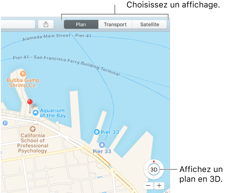 Cliquez sur Carte ou sur Satellite dans la barre d’outils pour modifier l’affichage. Pour afficher un plan en 3D, cliquez sur le bouton situé au bas de la fenêtre.