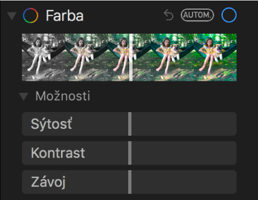 Oblasť Farby na paneli Úpravy zobrazujúca posuvníky pre nastavnia Sýtosť, Kontrast a Šmuhy.