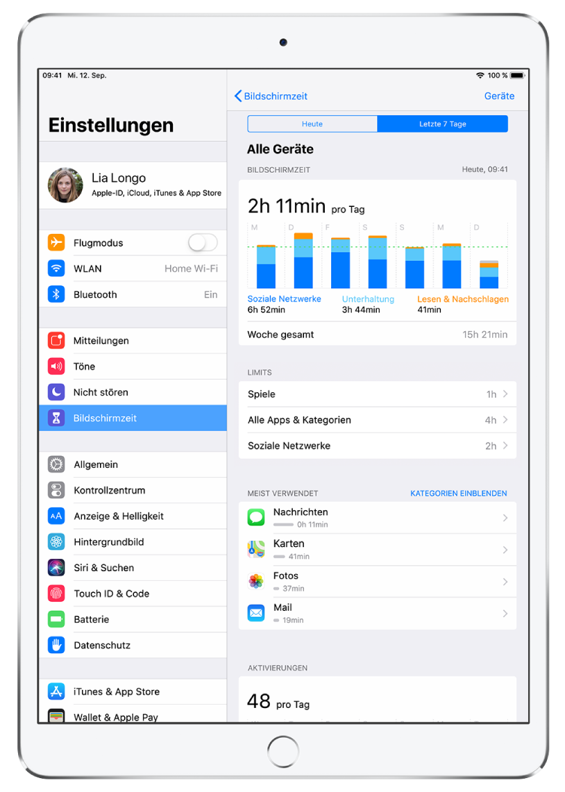 Im Bereich „Einstellungen“ ausgewählte Option „Bildschirmzeit“. Rechts ist ein Aktivitätsbericht der Option „Bildschirmzeit“ zu sehen. Oberhalb des Berichts kannst du „Heute“ oder „Letzte 7&nbsp;Tage“ als Berichtzeitraum auswählen. Im Beispiel ist die Option „Letzte 7&nbsp;Tage“ ausgewählt. Das Diagramm ganz oben im Bericht veranschaulicht, wie viel Zeit an jedem Tag in der Woche mit Apps aus den Bereichen Spiele, Unterhaltung, soziale Netze usw. verbracht wurde. Unter dem Diagramm ist der Abschnitt „Limits“ zu sehen, in dem zeitliche Beschränkungen für die Nutzung von Spielen, Apps und sozialen Medien festgelegt werden können. Darunter erscheint die Liste der am häufigsten verwendeten Apps. Am Ende des Berichts wird angezeigt, wie oft das Gerät insgesamt angehoben und in die Hand genommen wurde.