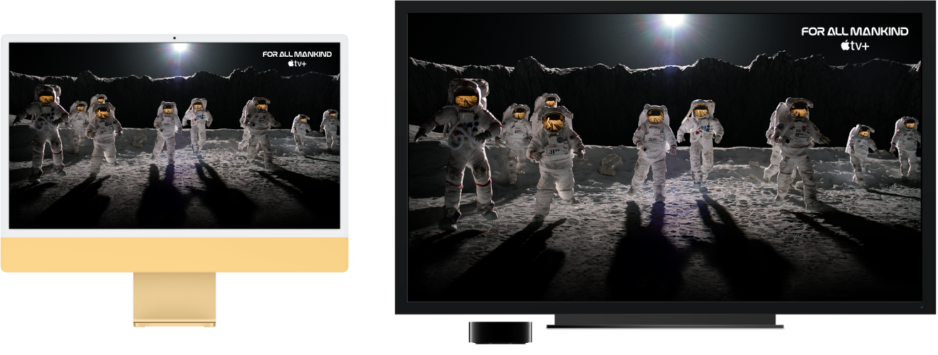 An iMac with its content mirrored on a large HDTV using an Apple TV.