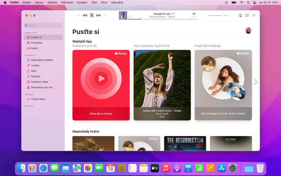 Okno Apple&nbsp;Music, v&nbsp;němž je vidět oddíl „Pusťte si“