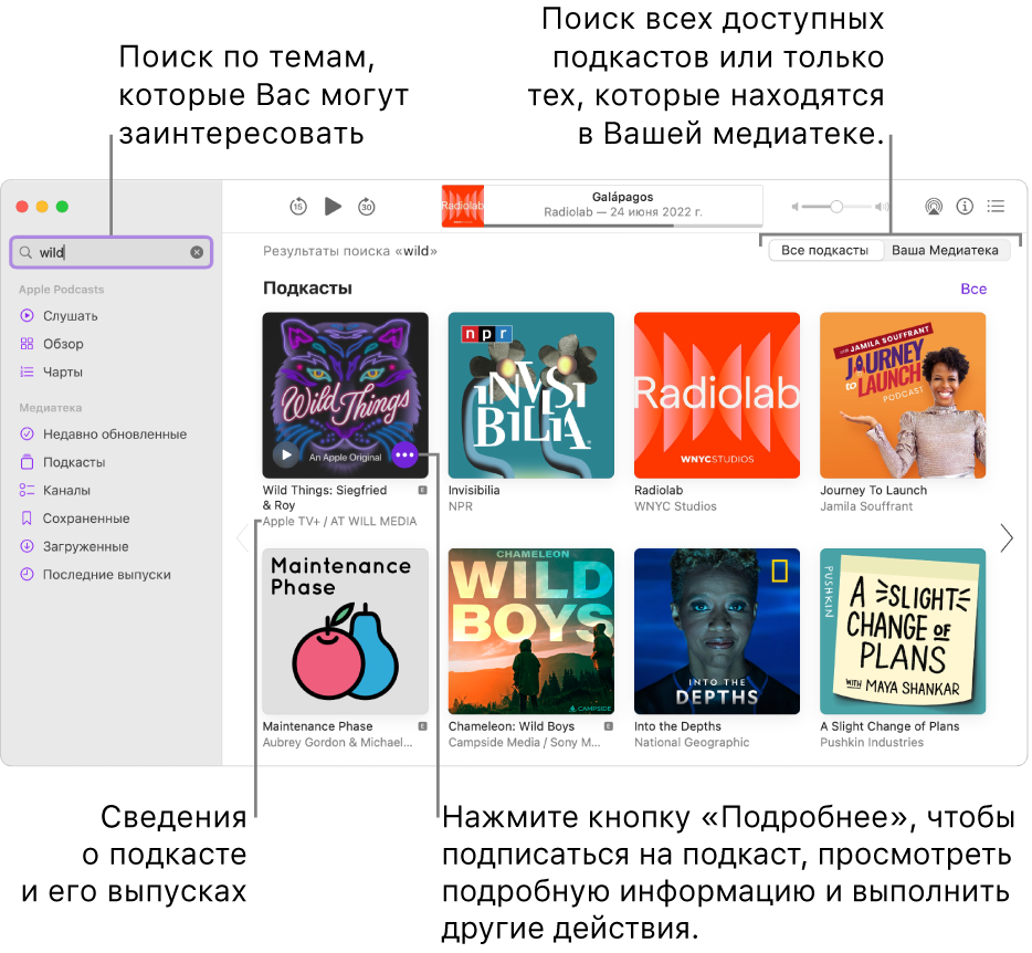 Показано окно приложения «Подкасты». В левом верхнем углу окна находится поле поиска с введенным текстом, а справа показаны выпуски и подкасты, соответствующие критериям поиска среди всех подкастов. Нажмите на ссылку под подкастом, чтобы просмотреть подробные сведения о нем и его выпусках. Используйте кнопку «Еще», чтобы отслеживать подкаст, менять его настройки и выполнять другие действия.
