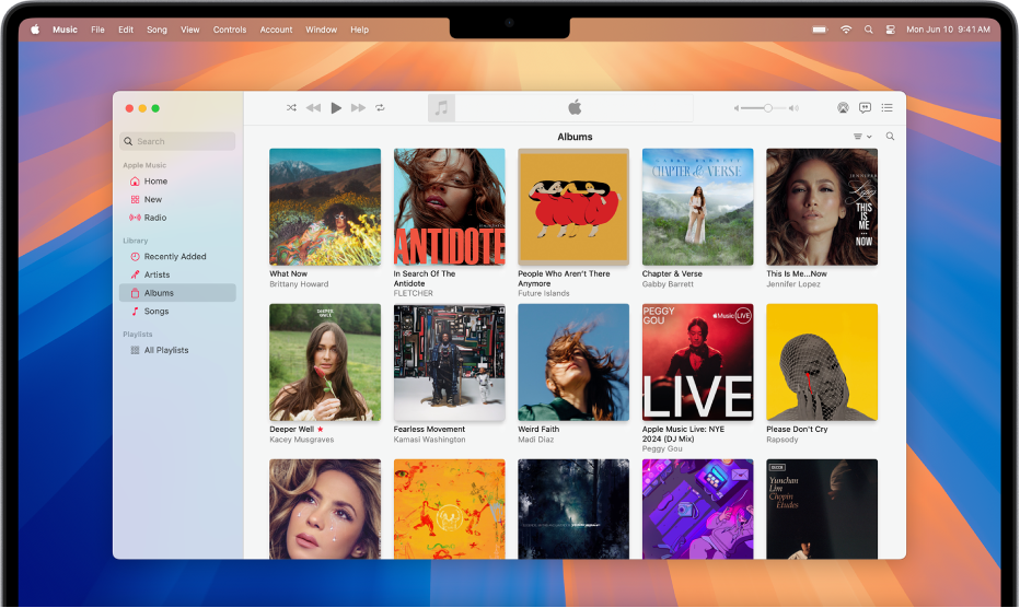 Ventana de Apple Music con una biblioteca de álbumes.