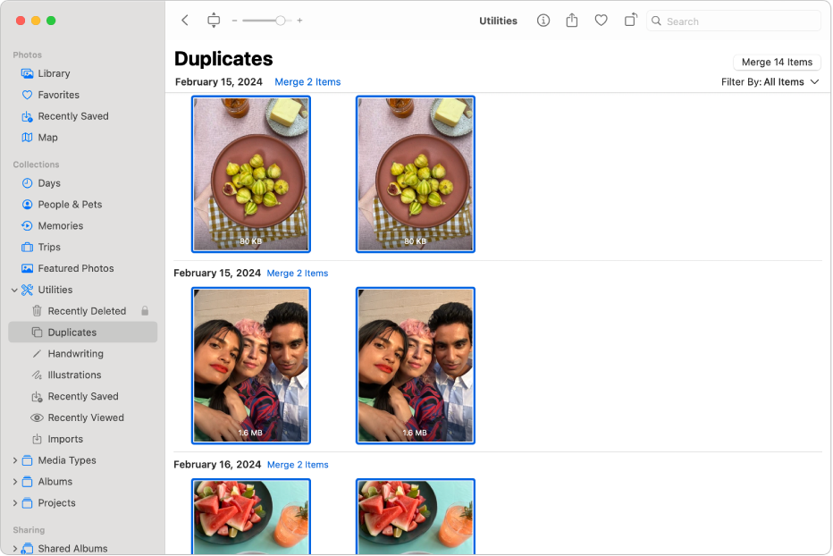 The Photos window showing Duplicates selected in the sidebar and duplicate photos side by side on the right.