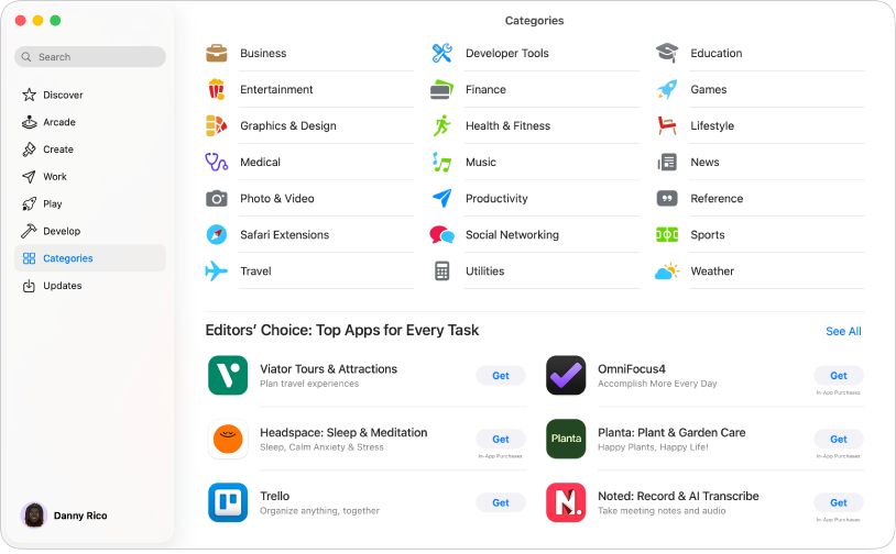 The Categories Mac App Store page. The sidebar on the left also includes links to other pages: Discover, Arcade, Create, Work, Play, Develop and Updates.
