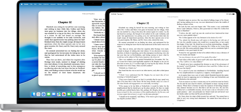 شاشة Mac وشاشة iPad تعرضان نفس صفحة الكتاب في تطبيق الكتب.