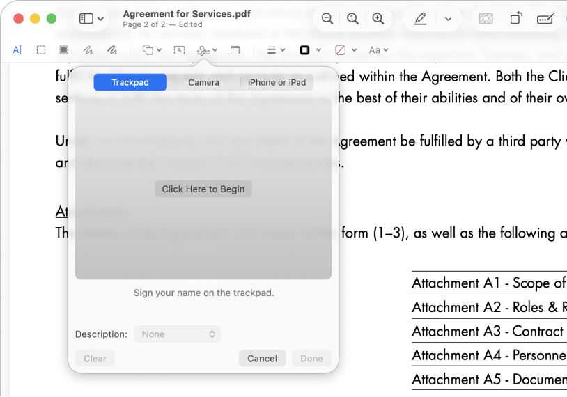 Un PDF nella finestra dell’app Anteprima che mostra lo strumento firma.