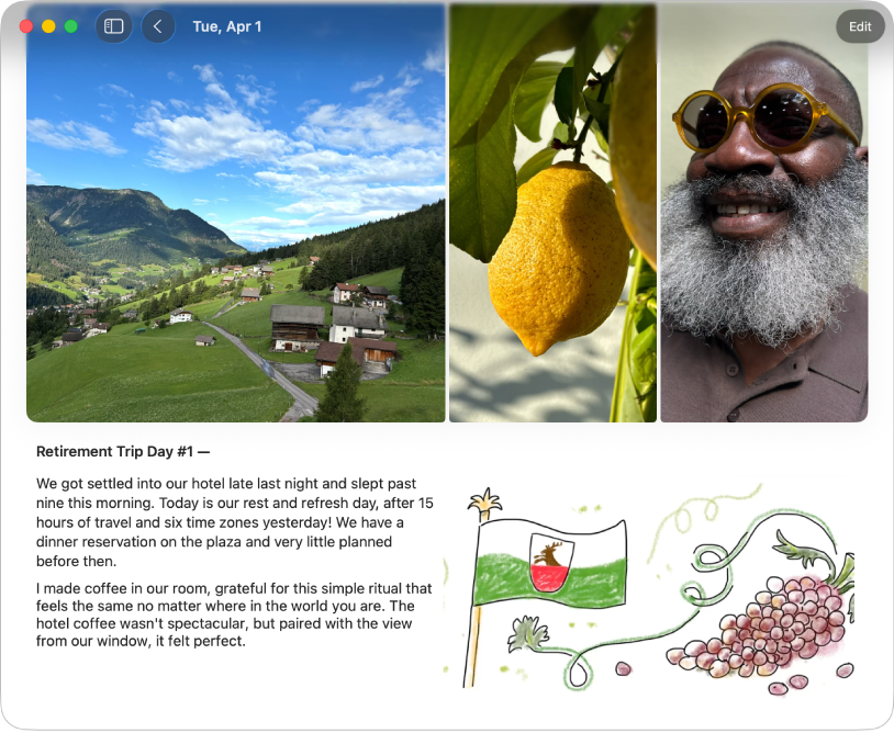 A screen in the Journal app showing an entry with photos, text and a drawing.