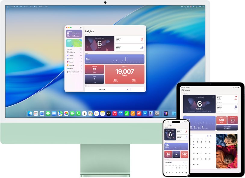 iMac next to various devices accessing the same iCloud content.
