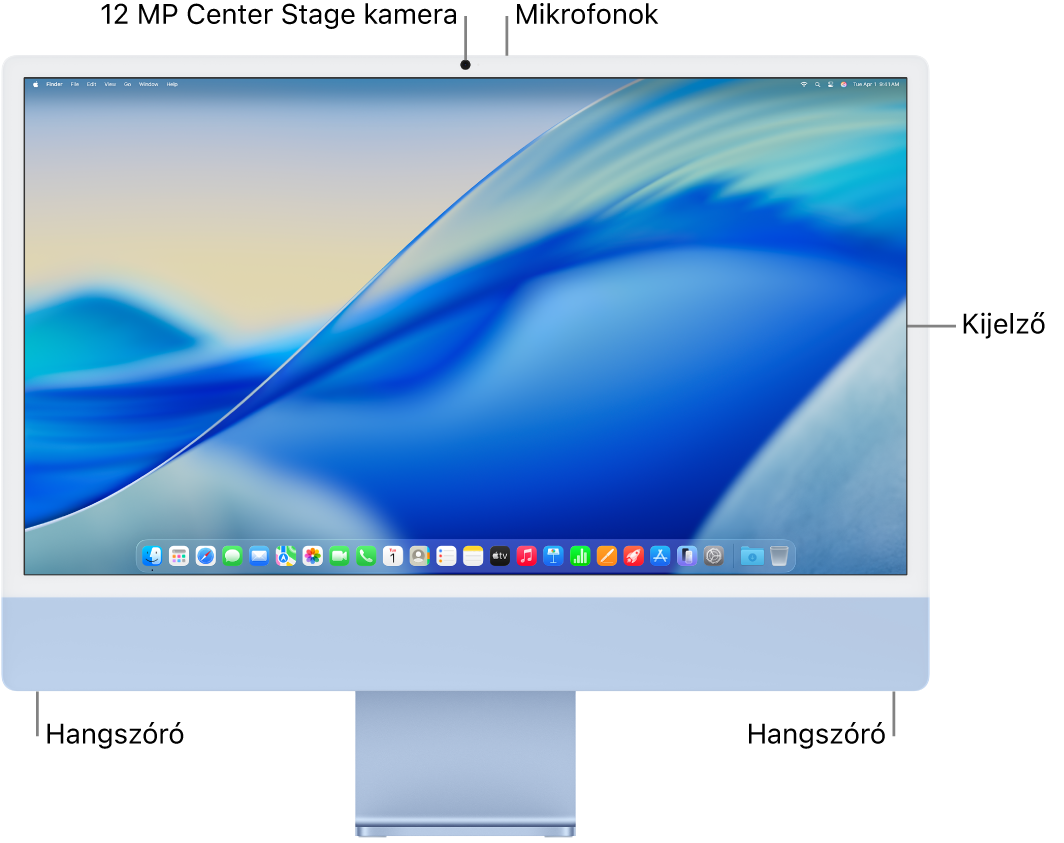 Az iMac elölnézete, amelyen a kijelző, a kamera, a mikrofonok és a hangszóró látható.