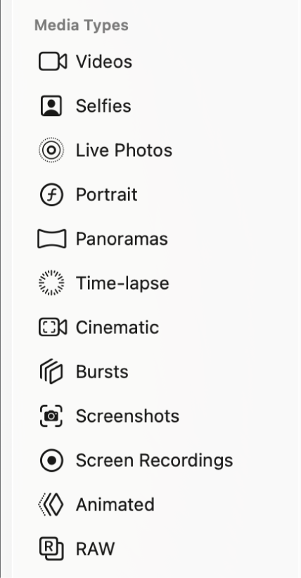 The Photos sidebar showing the different collections in Media Types.