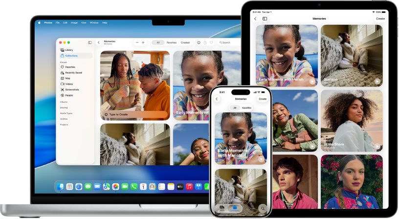 Un iPhone, un MacBook et un iPad affichant des souvenirs de la même photothèque.