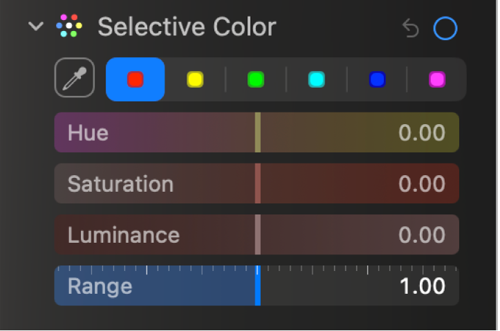 Les commandes « Couleur sélective » dans la sous-fenêtre Ajuster, présentant les curseurs Teinte, Saturation, Luminance et Plage.