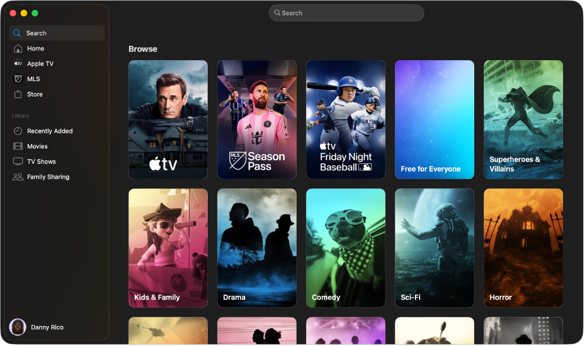 La app Apple TV mostrando la ventana Buscar.