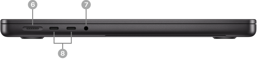 Die linke Seite eines MacBook Pro mit MagSafe 3-Anschluss, zwei Thunderbolt-Anschlüssen (USB-C) und einem 3,5-mm-Audioanschluss.