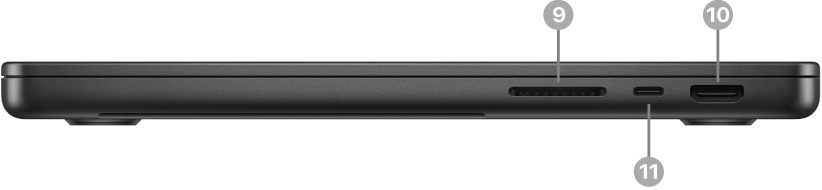 MacBook Pro paremal küljel näidatakse SDXC-kaardipesa, Thunderbolt (USB-C) porti ja HDM-porti.