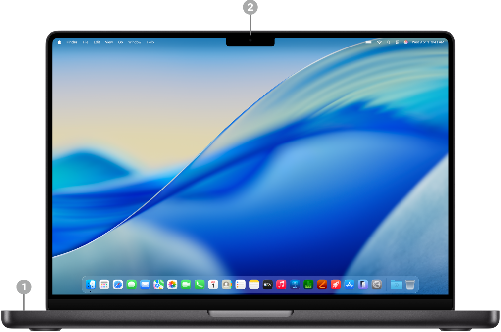 „MacBook Pro“ vaizdas iš priekio atidarius dangtį, matosi mikrofonai ir kamera „12 MP Center Stage“.
