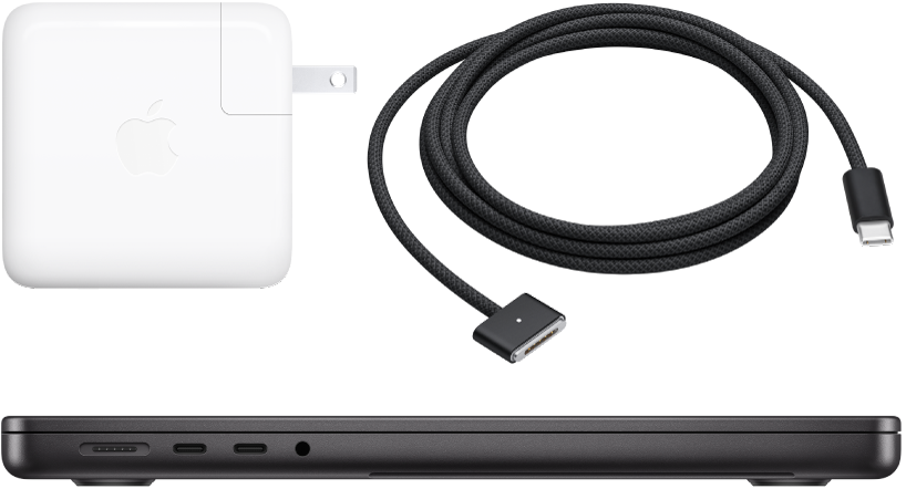 MacBook&nbsp;Pro (вид сбоку) и&nbsp;аксессуары: блок питания и&nbsp;кабель для&nbsp;зарядки.