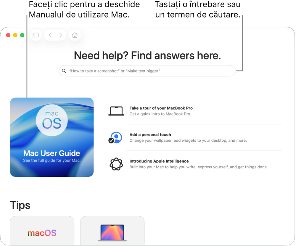 Pagina principală a aplicației Sfaturi afișând Manual de utilizare Mac, câmpul de căutare și subiectele sugerate.