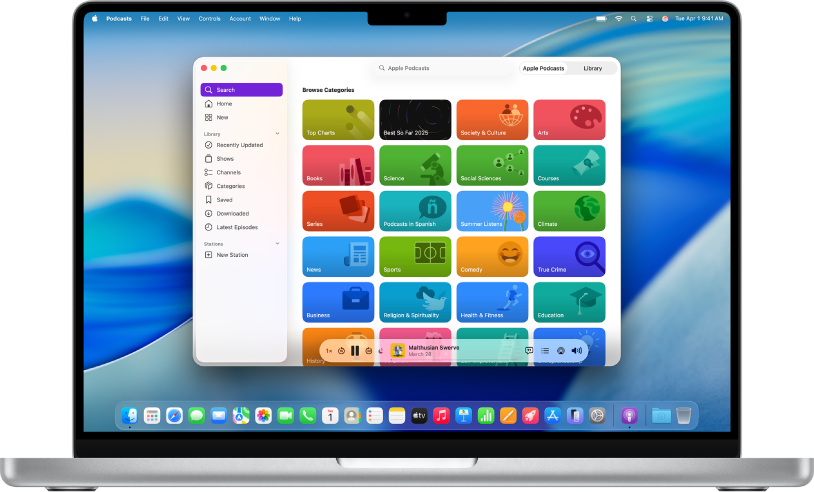 The Apple Podcasts app on a Mac, showing podcasts categories in the Search tab.
