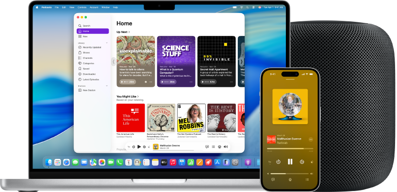The Apple Podcasts app on a Mac and iPhone, with a HomePod in the background.