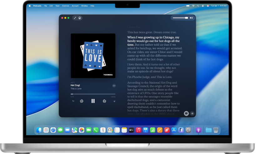 Appen Podcaster på en Mac med transkriberingen av ett avsnitt. Markerade ord visar vad som just nu sägs i podden.