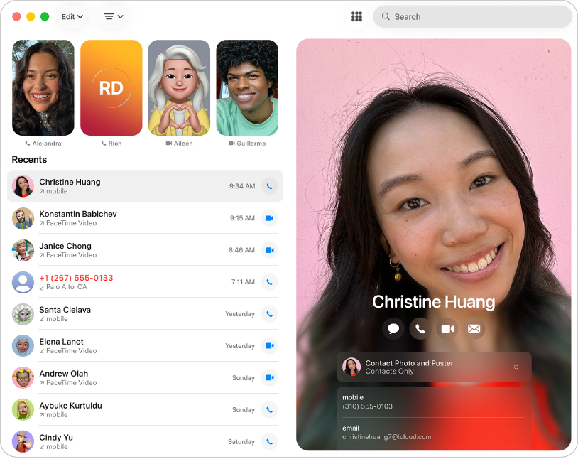 左側顯示最近通話記錄的「電話」App。