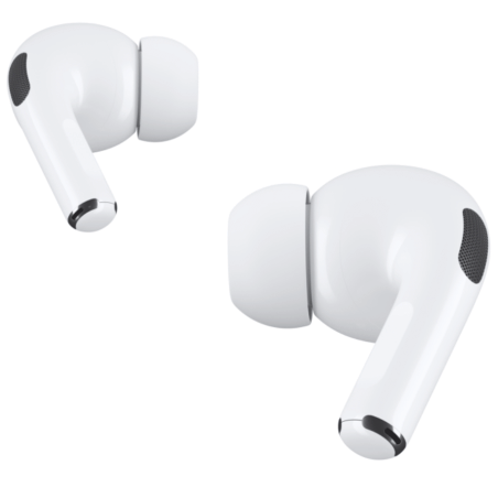 AirPods Pro are shown. The stem of one of the AirPods is being pressed.