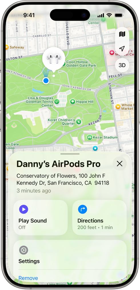 A screen in the Find My app on iPhone. The location of AirPods is shown on a map of San Francisco, with an address listed and the options Play Sound and Directions.
