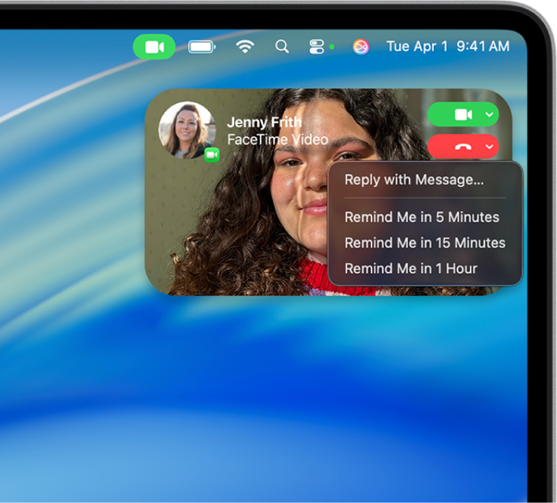 La notification dʼun appel FaceTime entrant, affichant les boutons Répondre et Refuser, et des options pour refuser lʼappel.