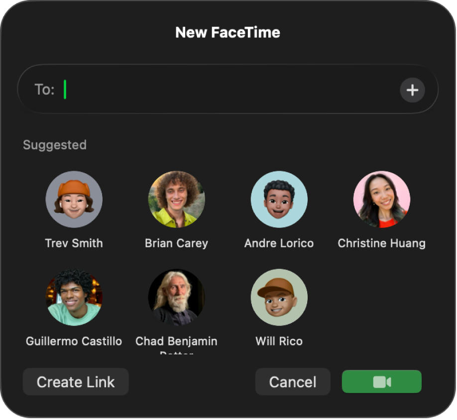 La nouvelle fenêtre FaceTime ; saisissez les appelants directement dans le champ À ou choisissez-les dans Suggestions.