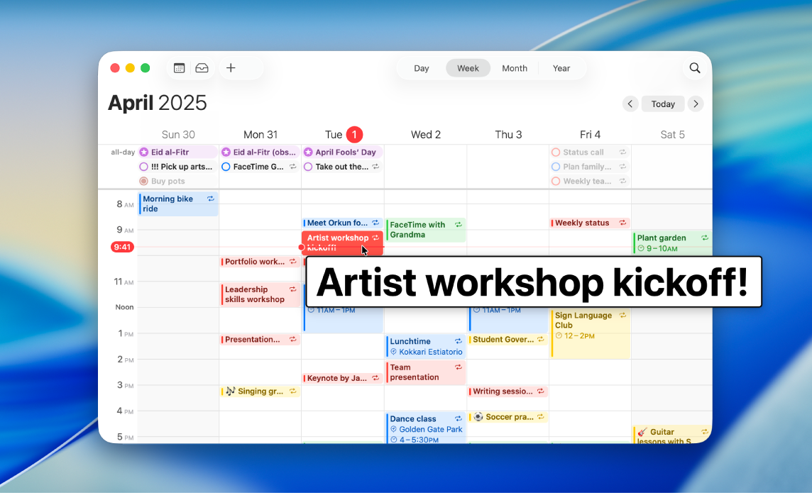 The Calendar app is open on the desktop and the pointer is held over a calendar event. A large version of the text in the event is displayed.