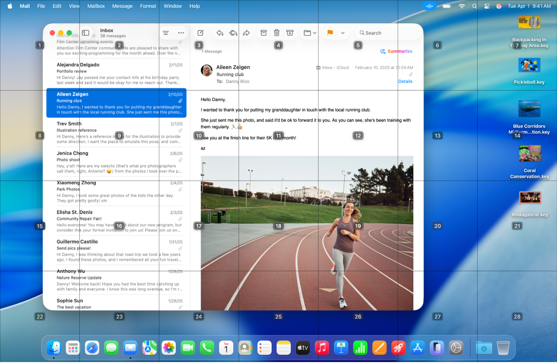 The Mail app open on the Mac desktop, with a grid superimposed. Each cell in the grid is labeled with a number. The Voice Control icon is located in the menu bar.