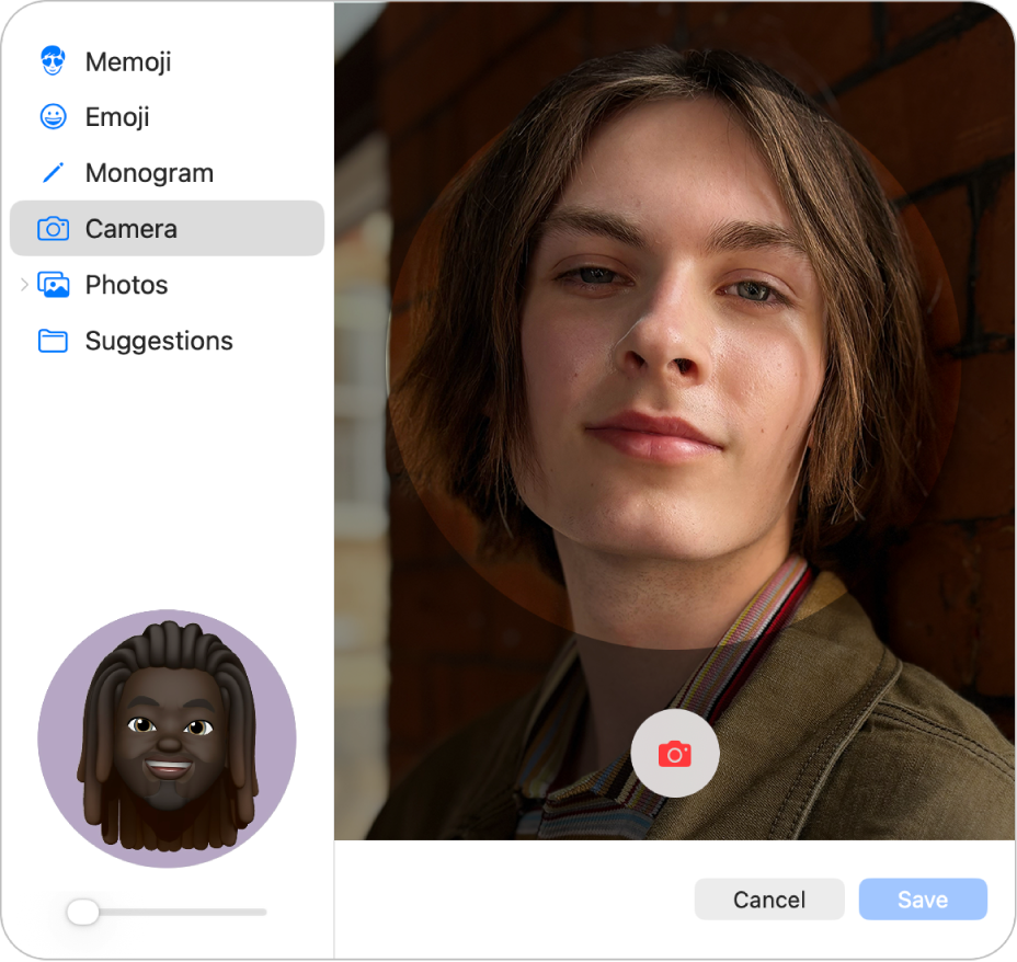 The Apple Account picture options with Camera selected in the sidebar and a person posed in the viewfinder.