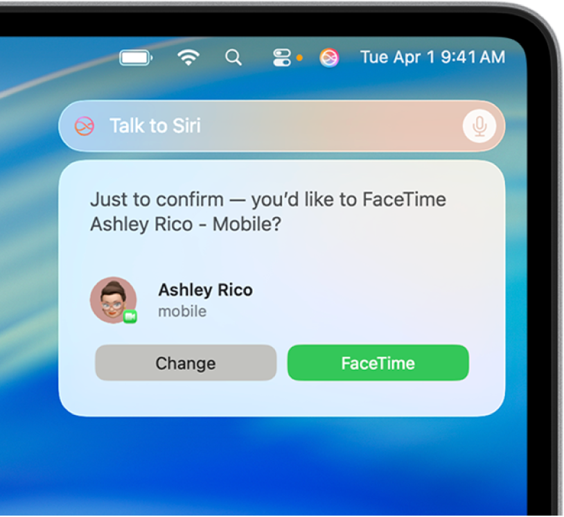 Le champ de requête Siri et la réponse dans le coin supérieur droit du bureau Mac.