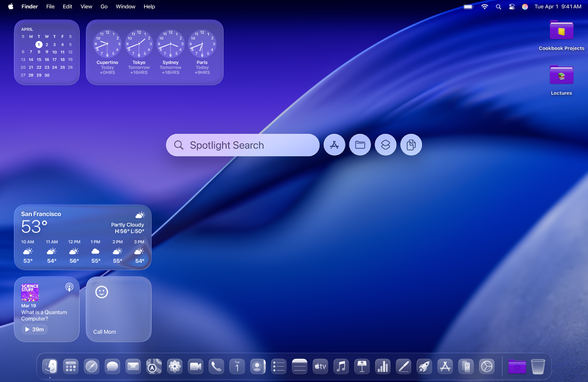 מכתבה של Mac שבו חלון Spotlight, אייקונים ווידג׳טים בהתאמה אישית.