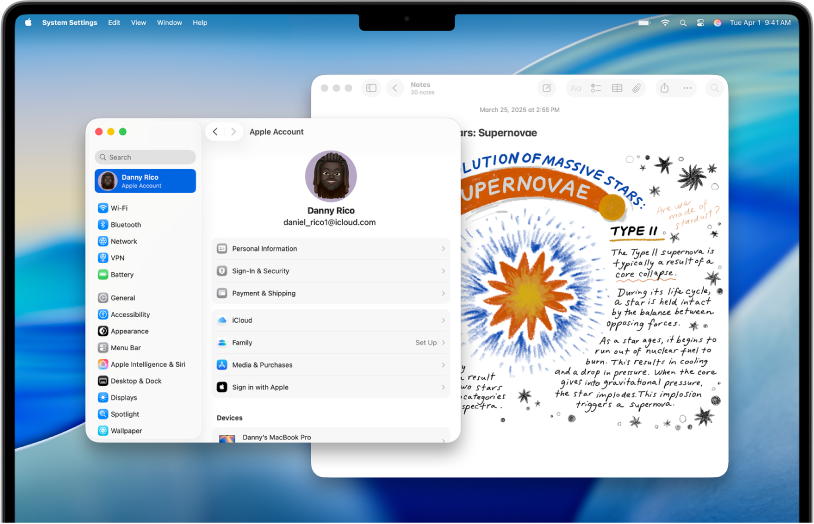 Egy Mac-íróasztalon az Apple-fiók beállításai láthatók, illetve mögöttük egy Numbers-dokumentum.