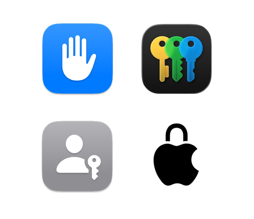 Négy ikon a következők számára: Adatvédelem és biztonság, a Jelszavak app, Jelkulcsok és Apple-adatvédelem.