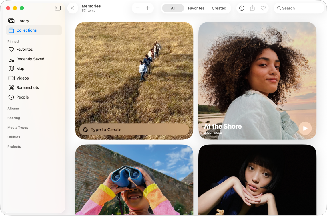 Una finestra dell’app Foto sul Mac che mostra la raccolta Ricordi con le opzioni per creare un filmato ricordo e guardare quelli creati in precedenza.