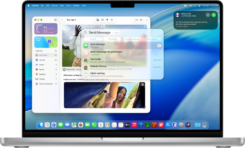 Een Mac-bureaublad met de Dagboek-app achter een venster met een Spotlight-zoekopdracht, met resultaten onder het zoekveld. Rechtsboven staat een telefoongesprek in de wacht.