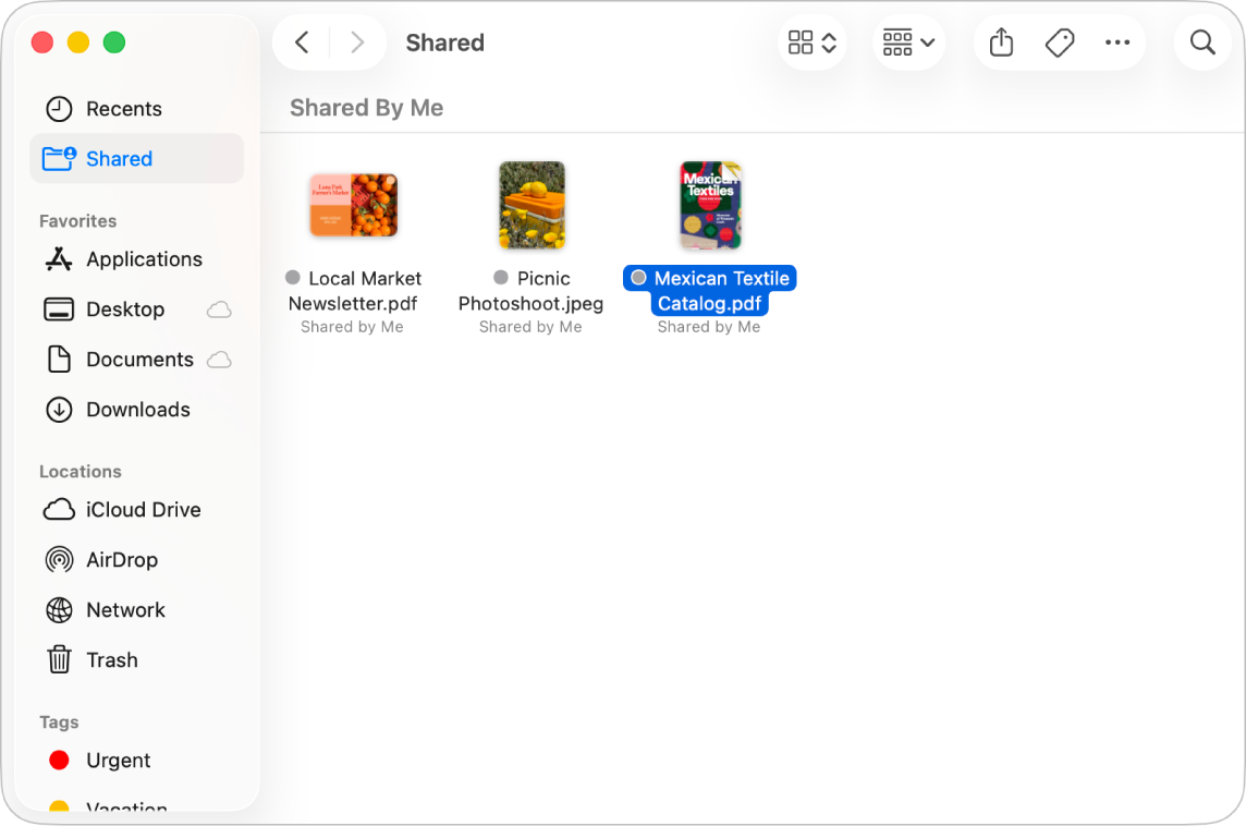 Finder-fönstret med mappen Delat markerad i sidofältet och objekt till höger som delas av den aktuella användaren.