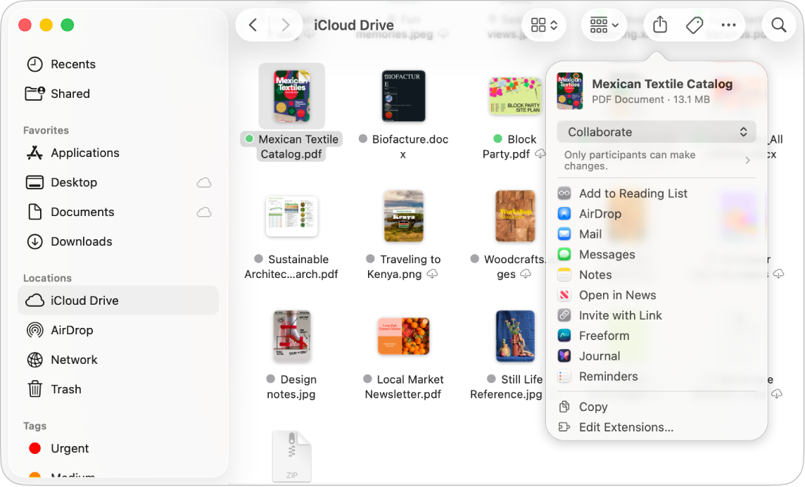 Finder 視窗顯示「iCloud 雲碟」中的檔案和檔案夾。在「共享」彈出式選單中選取了「合作」。