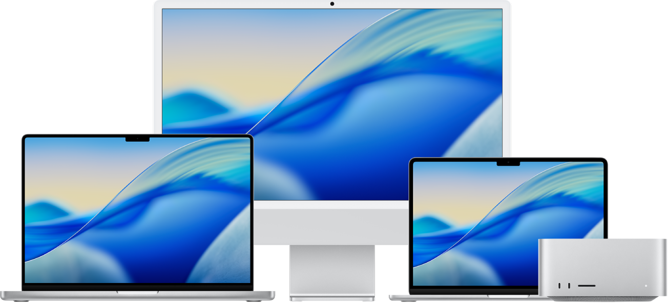 由左至右為帶有彩色桌面的 MacBook Pro、iMac 和 MacBook Air。Mac Studio 在最右側。