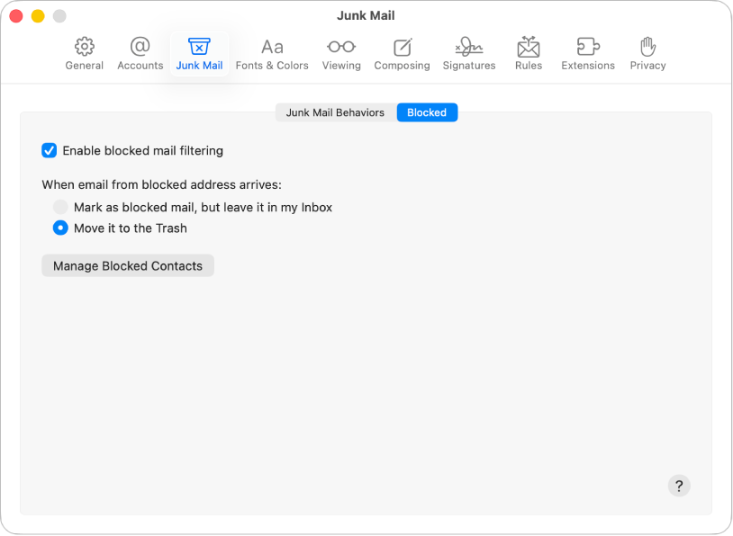 Il pannello Bloccati nelle impostazioni di Mail. Il riquadro per abilitare il filtro dei messaggi email bloccati è selezionato, così come l’opzione per spostare i messaggi email bloccati nel Cestino.