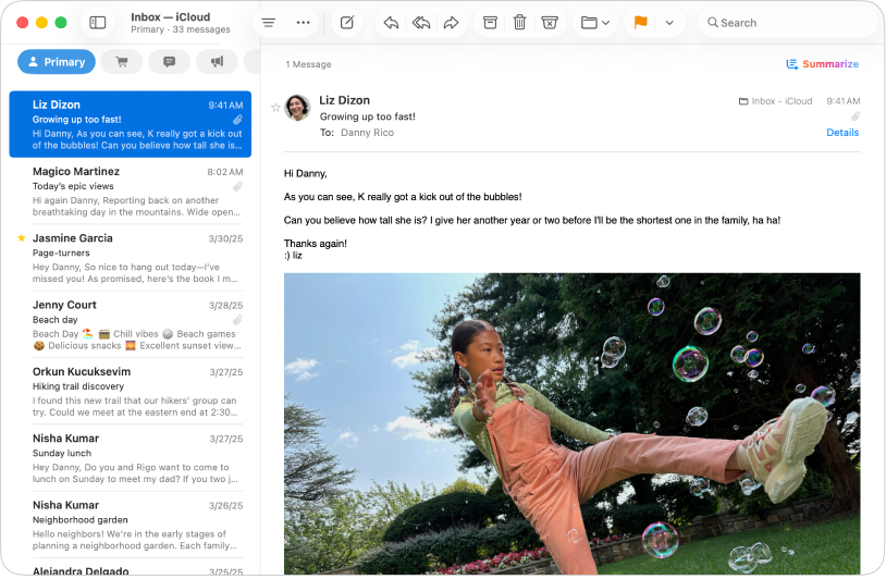 La finestra di Mail mostra un messaggio dall’elenco dei messaggi Principali.