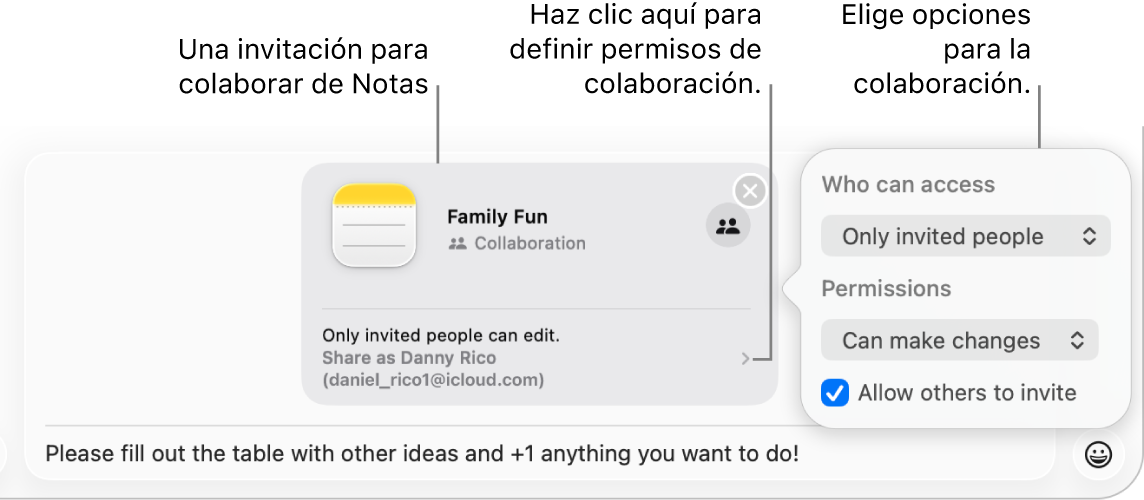 Un acercamiento del campo de mensaje de texto en la parte inferior de la conversación de Mensajes. Hay una invitación para colaborar en una nota. Puedes hacer clic en el lado derecho de la invitación para configurar los permisos de colaboración.