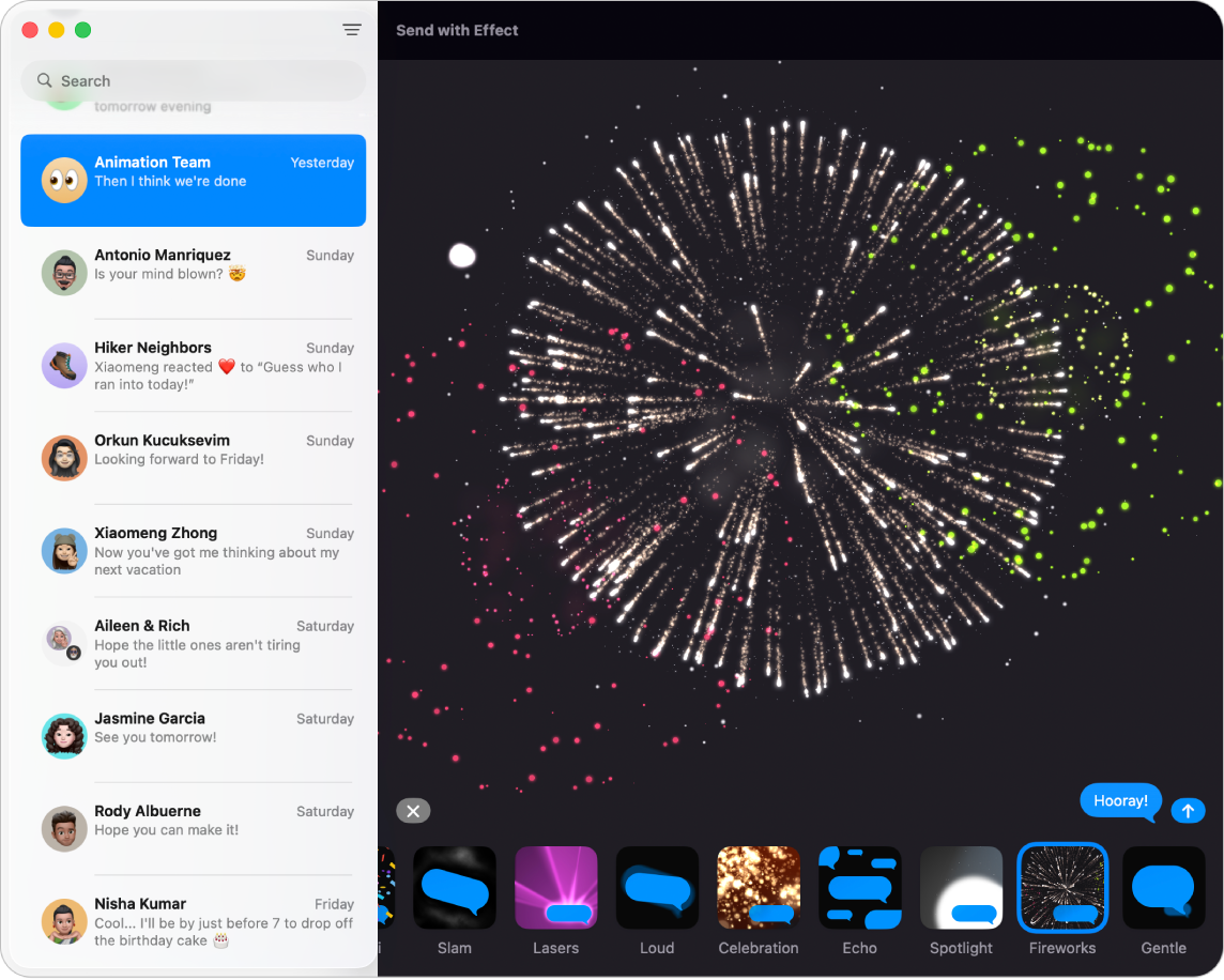 A janela do app Mensagens com várias conversas em uma lista na barra lateral à esquerda e um efeito de mensagem (fogos de artifício) aparecendo na conversa à direita.