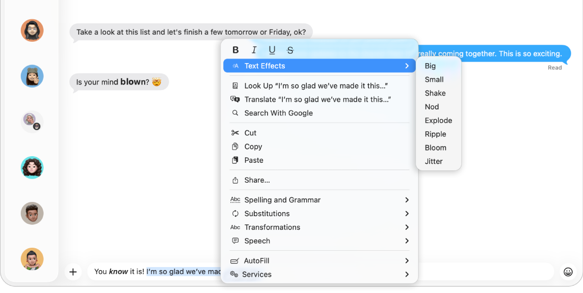 Janela do app Mensagens com várias conversas na barra lateral. Na transcrição à direita, a mensagem atual está selecionada e o menu Efeitos de Texto está aberto, com opções para formatar ou animar a mensagem.