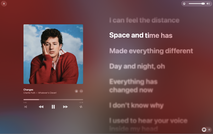 Une chanson en cours de lecture dans Apple Music, avec les paroles en direct.