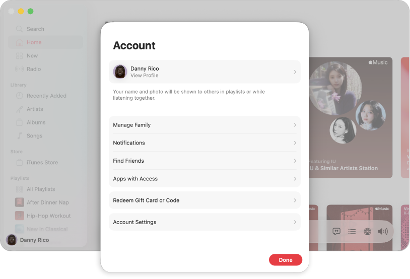 La zone de dialogue Compte dans Apple Music, qui affiche l’option « Gérer la famille ».